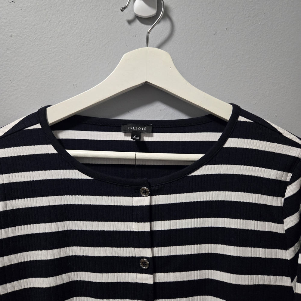 NWT Talbots Ribbed Cardigan Sweater Navy White Stripe Button Front Size Large